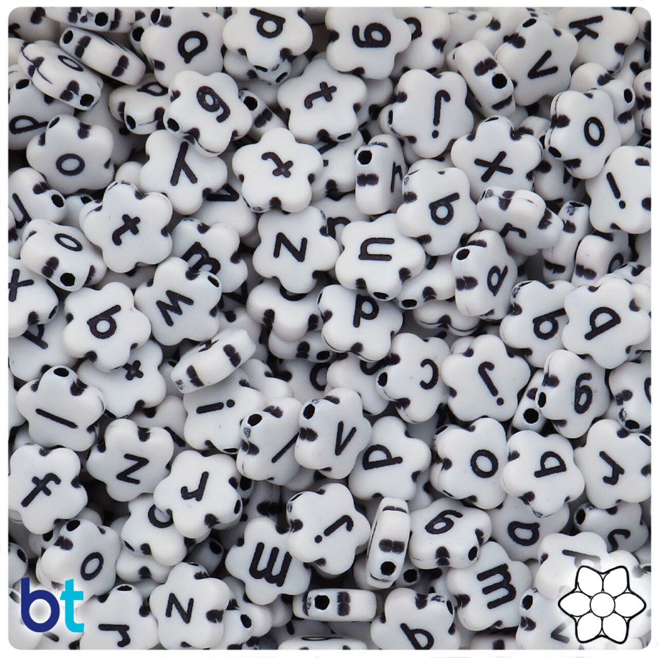 BeadTin White Opaque 10mm Flower Plastic Alpha Beads - Black Letter Mix (150pcs)